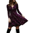 thumbnail image 1 of DYMADE Women Long Sleeve Slim Floral V-Neck Flare Dress, 1 of 4