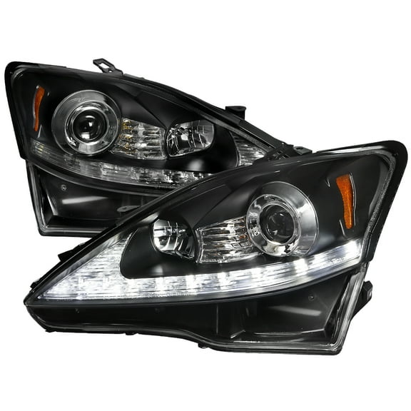 SMD LED Light Strip Projector Headlights (Black Housing/Clear Lens) Made for and Compatible with 2006-2010 Lexus IS250/IS350