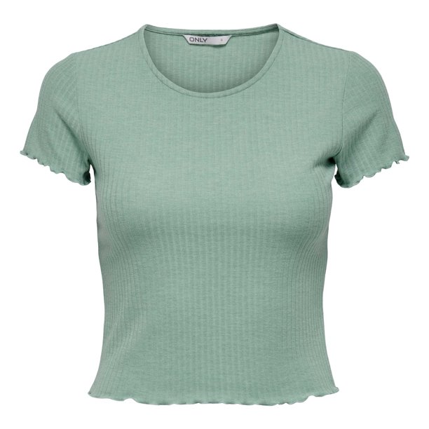 ONLY Camiseta de mujer - ONLEMMA SHORT TOP, cuello redondo, cropped, acanalada, lisa Verde claro M (Medium)