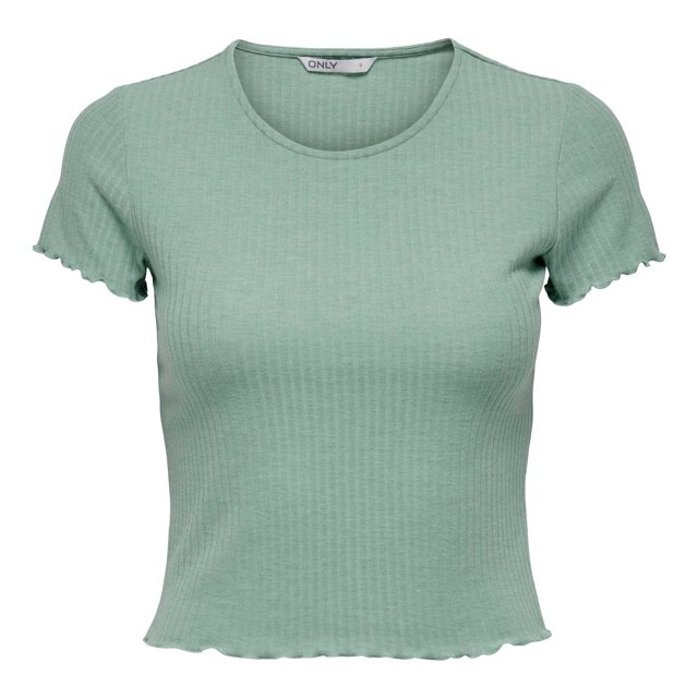ONLY Camiseta de mujer - ONLEMMA SHORT TOP, cuello redondo, cropped, acanalada, lisa Verde claro XL (X-Large)