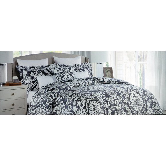 Tahari 3 Piece Full Queen Size Cotton Duvet Cover Set Cream Ivory Scroll Pattern Medallions Birds on Blue