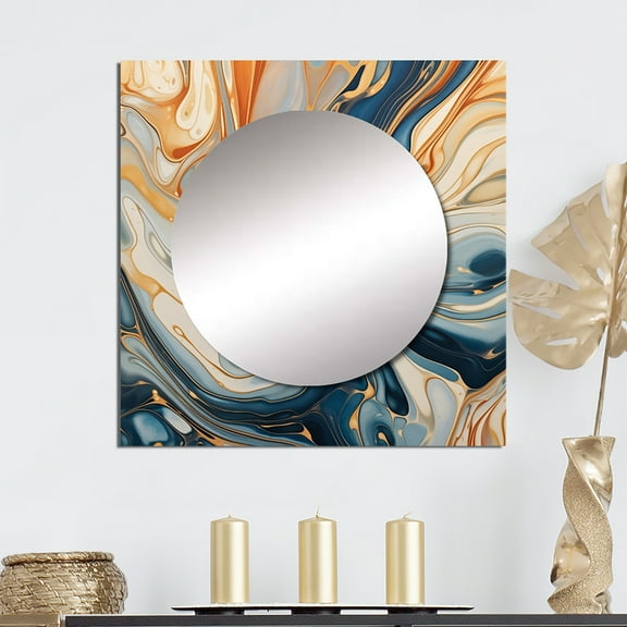 Designart "Aqua Symphony Teal Orange Expression" Abstract Square Mirror Wall Decor Transitional - Large Teal Square Bathroom Mirror - Square Printed Wall Mirror Art