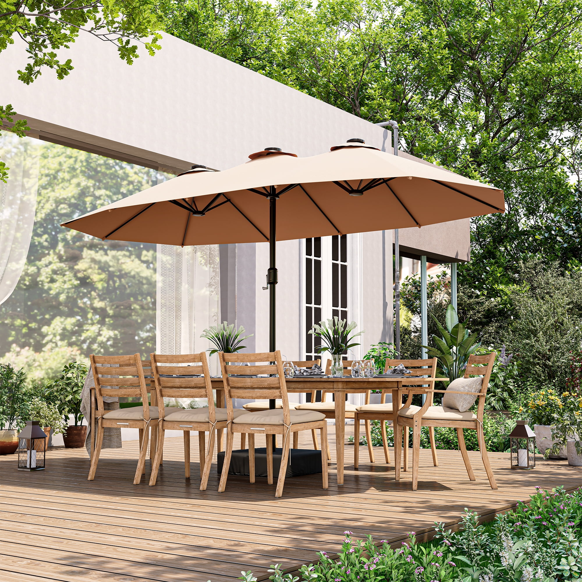 LAUSAINT HOME 13ft Double Sided Patio Umbrellas with Base & Lights for Garden, Poolside, Beige