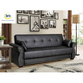 Black leather sofa bed with storage
