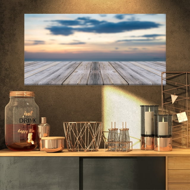 Wooden Board at Sunset Seashore - Modern Canvas Art Print