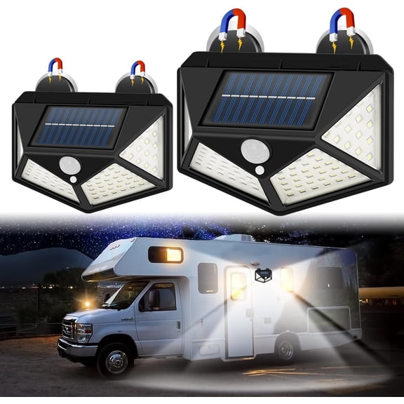 2pcs Magnetic Solar RV Light with Motion Sensor – Bright 100 LED RV Exterior Light, Waterproof RV Porch Lights for Camper, Trailer, Motorhome Outdoor– Easy Install with 2 Strong Magnets