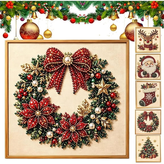 DIY Christmas Pearl Diamond Painting Art Kit with Frame, 8x8IN Xmas Gemstone Pearl Beads Craft, Christmas Diamond Painting Kit, Relaxing & Beginner-Friendly, for Tabletop Wall,Wreath