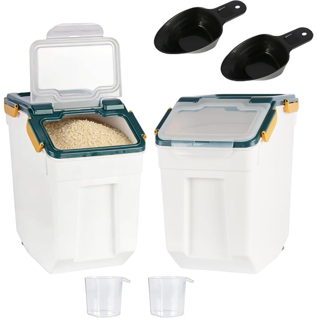 Airtight Flour Storage Container 25Lb, Large BPA Free Plastic Rice Storage Dispenser Kitchen Pantry Organizer Box Pet Dog Cat Food Storage Container Bin, 2Pcs Blue
