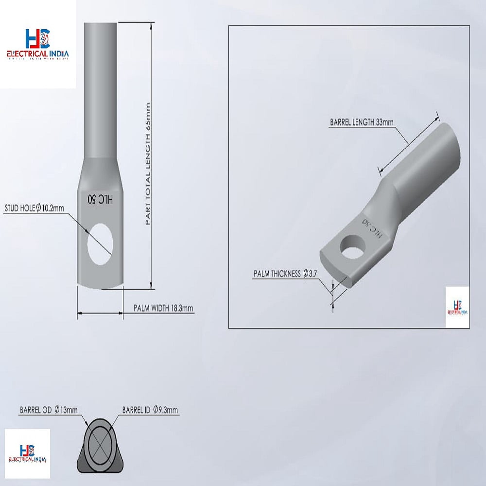 HLC Aluminum Lug | 50 mm² Wire Connector | Stud Hole | Heavy Duty Electrical Cable Lug | Crimp Type pack of 6