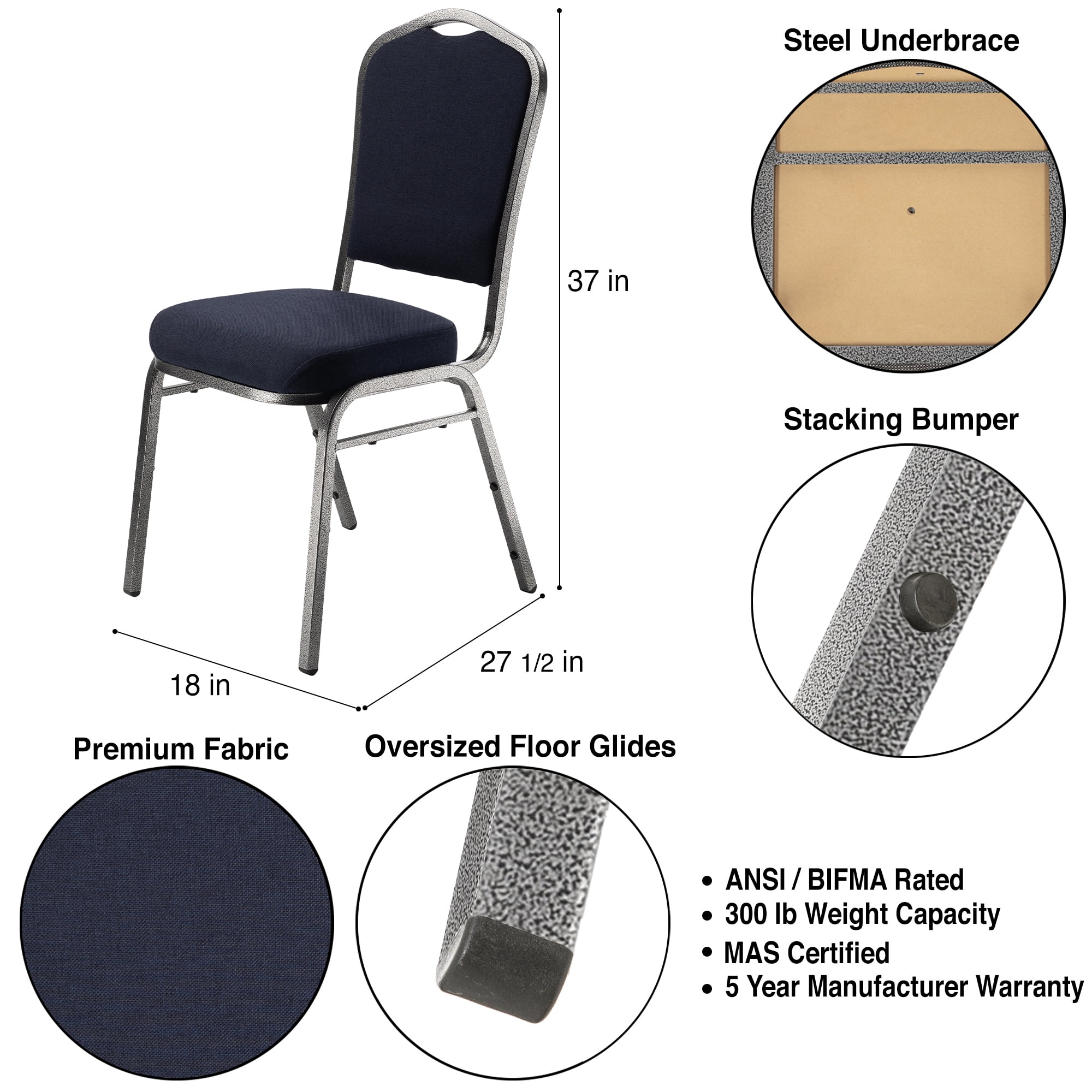 Hampden Furnishings Lila Collection Fabric Banquet Chair, Dark Blue, Pack of 2
