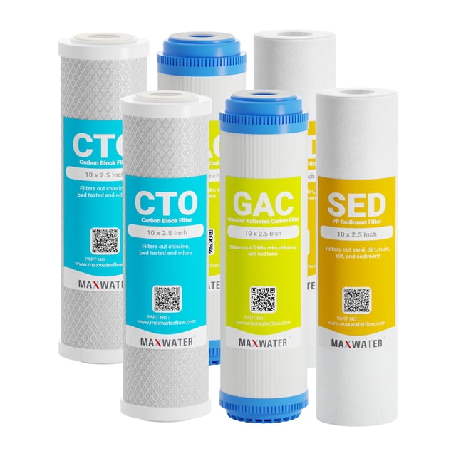 Max Water 10" Standard Whole House Replacement Filters Coconut Shell Carbon, Polypropylene Sediment, and GAC Carbon Filters Variations (6 Pack)