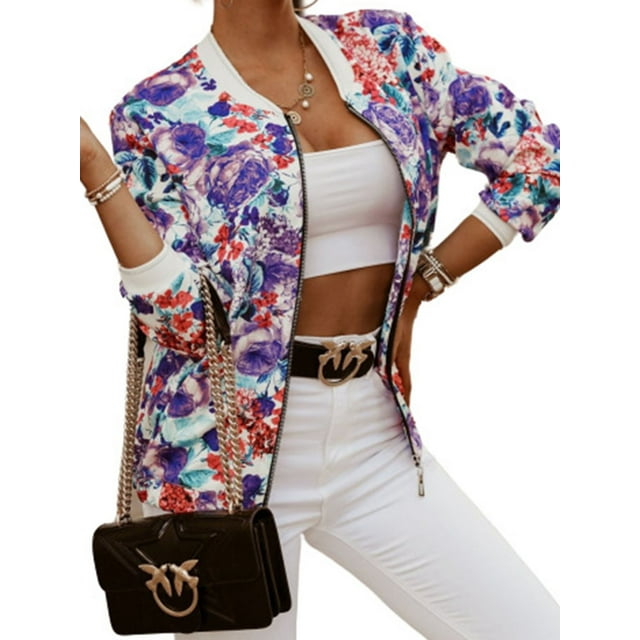Women Short Jacket, Floral Print Flexible Smooth Zipper Ribbed Closing Spring Clothing