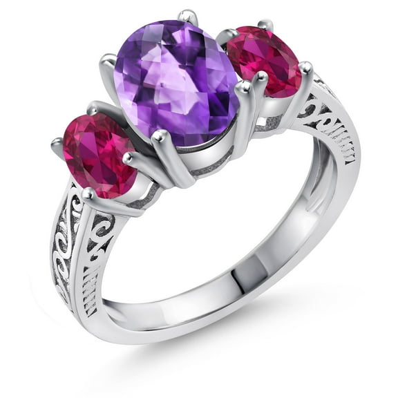 Gem Stone King 2.60 Cttw Oval Checkerboard Amethyst and Red Created Ruby 925 Sterling Silver 3-Stone Ring for Women | Gemstone Birthstone | Oval 9X7MM and 6X4MM | Available in Size 5, 6, 7, 8, 9