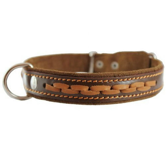 Brown High Quality Genuine Leather Braided Dog Collar, 1" Wide. Fits 14"-17" Neck.