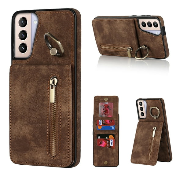 Feishell for Samsung S21, Case Wallet with Card Holder Functional Two Way Kickstand Durable Zipper Pocket RFID Blocking Leather Slim Protective Leather for Samsung Galaxy S21, Brown
