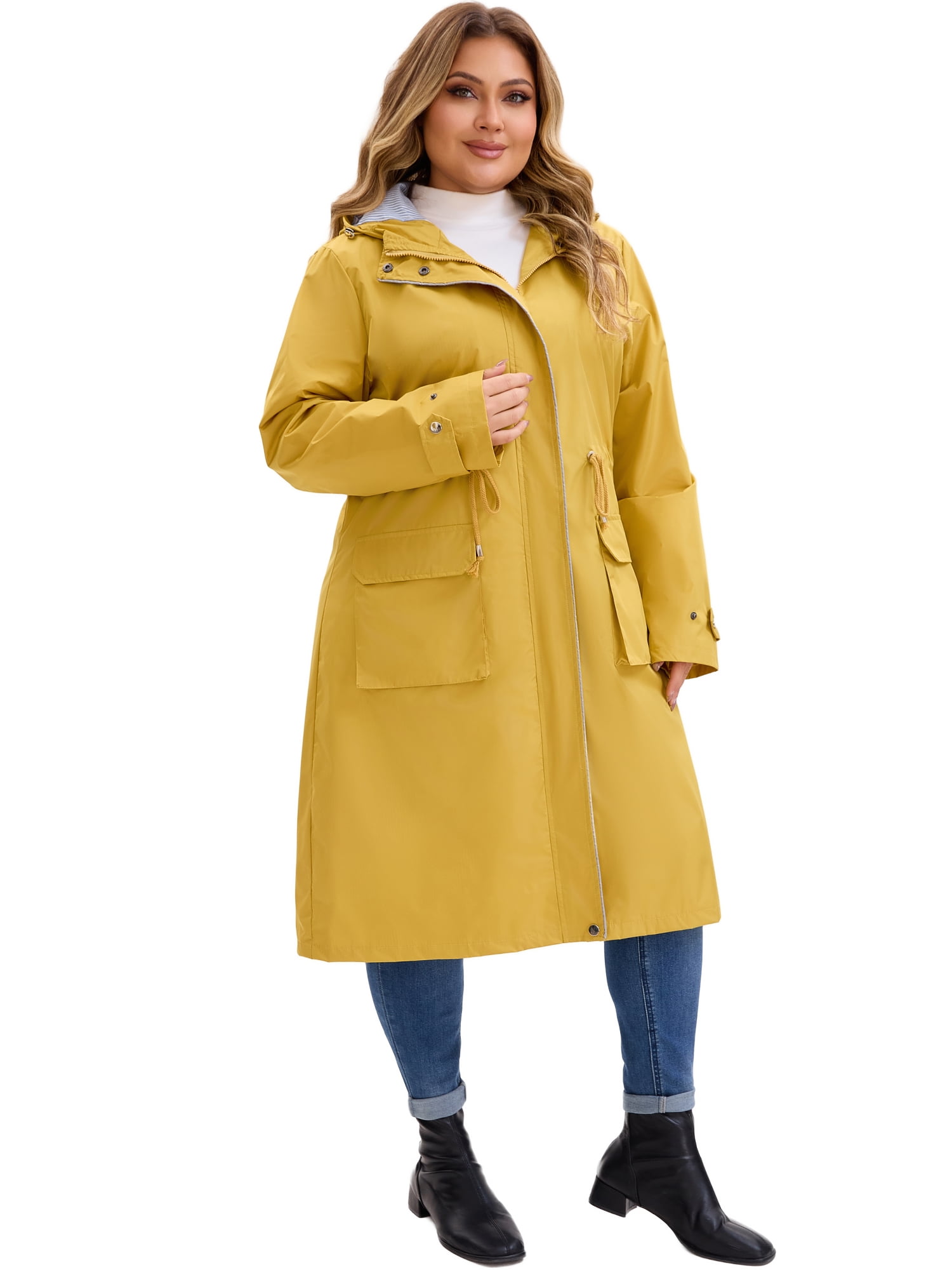 DARING DIVA Plus Size Hooded Long Drawstring Waist Zipper Jacket 2X Yellow