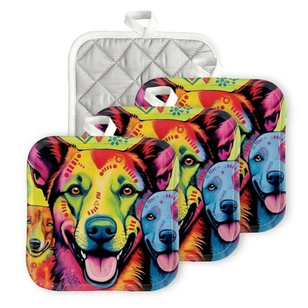 

Bahomeck Pot Holder 4Pcs Vibrant Colorful Illustration Of Dogs With Happy Expressions Square Heat Resistant Hot Pads For Kitchen Cooking Oven With Hanging Loop Potholder Easy To Store