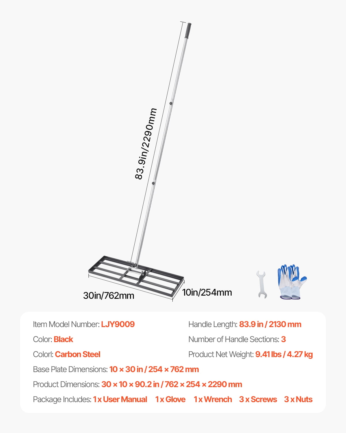 VEVOR Lawn Leveling Rake, Lawn Leveler with 83.9 in Handle, 30x10 in Ground Plate, Rust-Resistant Carbon Steel Soil Leveler, 3 Heights Adjustable, Effort Saving Lawn Leveling Tool