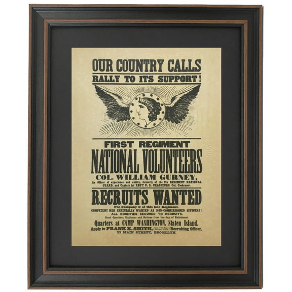 Framed First Regiment Revolutionary Army Recruiting Poster. Replica Prints by Patriot Gear Company