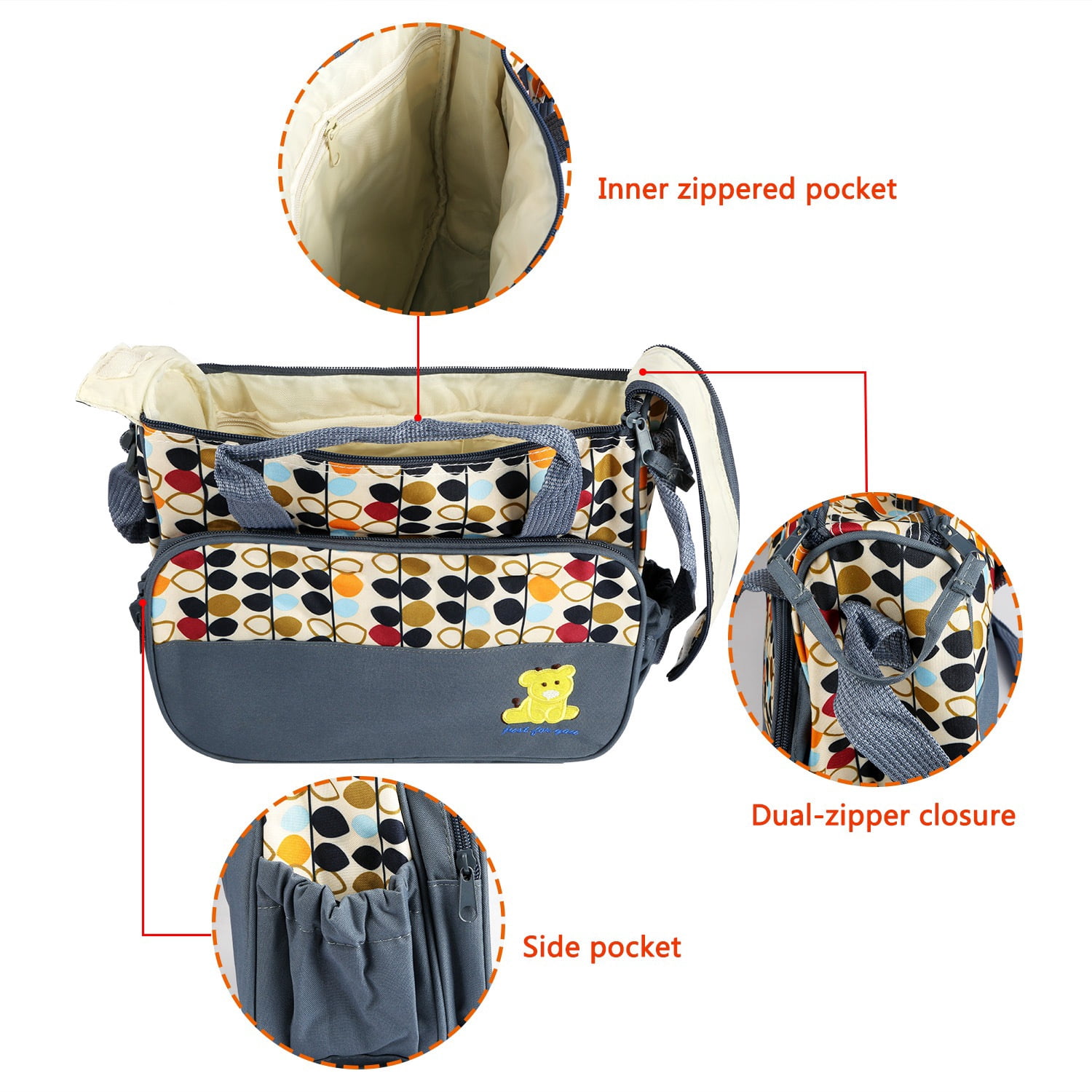 iMounTEK Baby Diaper Tote Stylish Nappy Messenger Insulated Bag 5 Piece Set Large Medium Handbag, Food/Bottle Bag, Gray