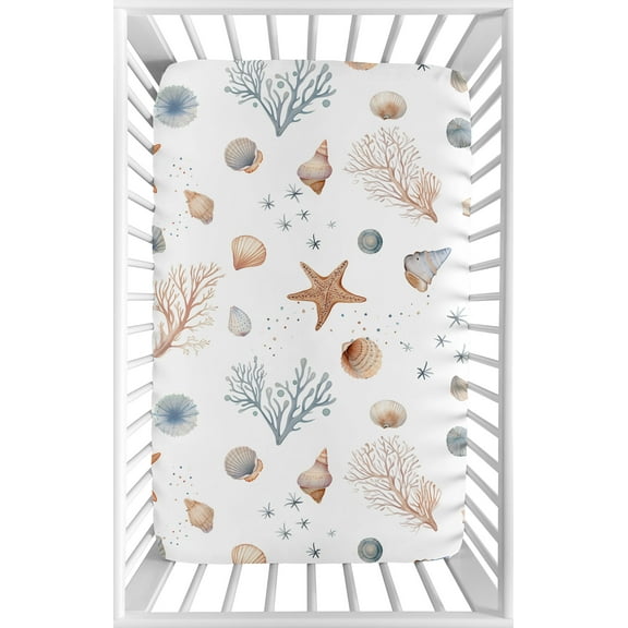 Sweet Jojo Designs Ocean Seashells Boy, Girl, Unisex/Gender Neutral Mini Fitted Crib Sheet