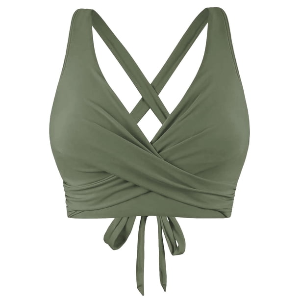 Prolriy Bikini Top con cordones para mujer, traje de baño con aros, cobertura completa, push up, top corto con lazo en la espalda, sujetadores de baño para mujer, verde militar, L