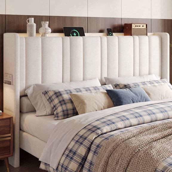 ROGALIS King Size Headboard with RGB LED Lights, Charging Station & Storage Shelf, Upholstered Linen Wingback Headboard with 2 Storage Pockets, High-Density Padded Backrest, Off White