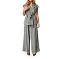 thumbnail image 5 of Naotn Womens Summer 2 Piece Outfits Casual Blazer Collar Short Sleeve Lace Up Shirt and Wide Leg Pants Sets Dressy Business Matching Suit Sets, 5 of 6
