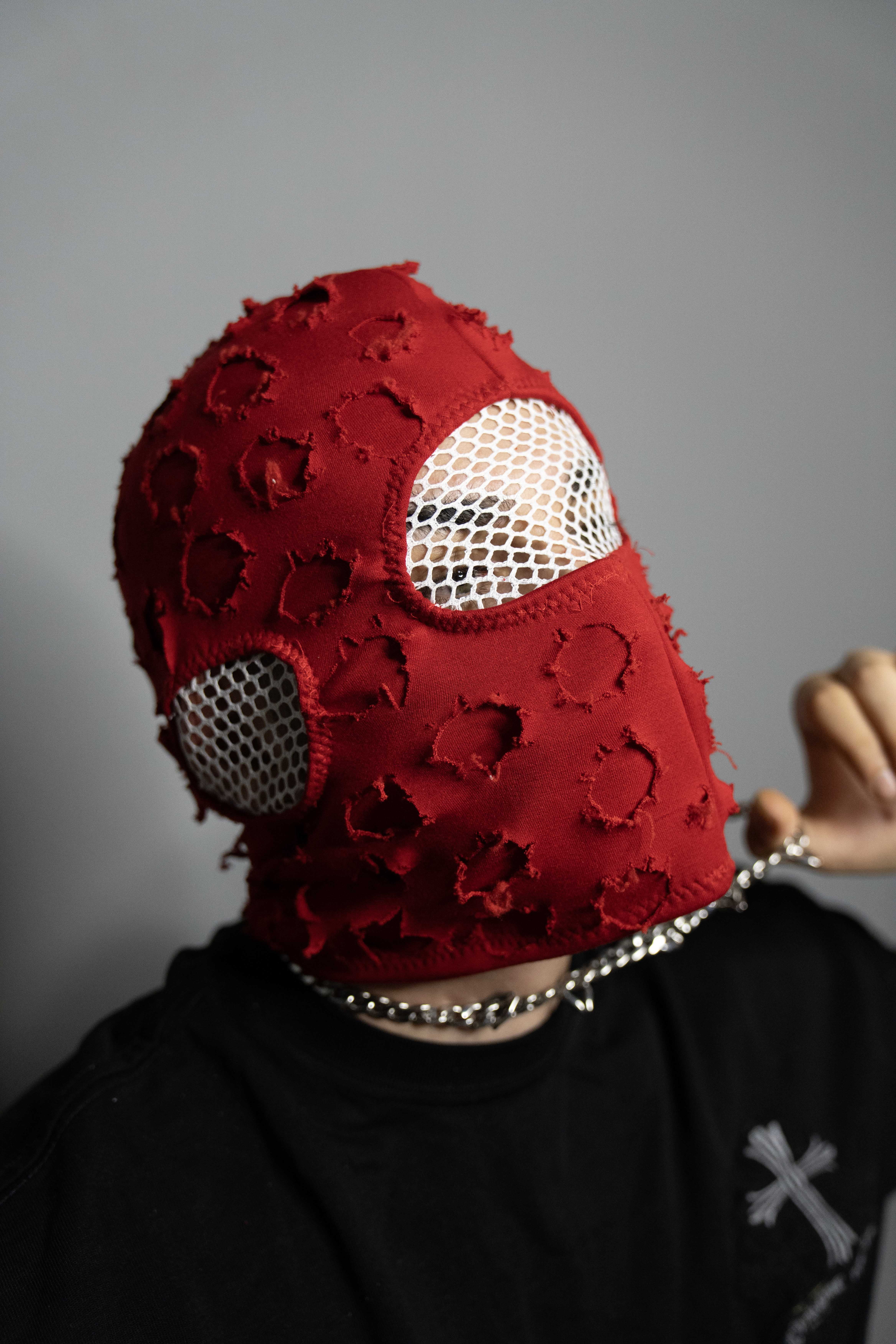Ski mask and balaclava Red Charm Premium Double Layered Mask Round Frayed Edges, White Mesh Details Ideal for Motorcycle Riding, Skiing, Nightclub Wear."