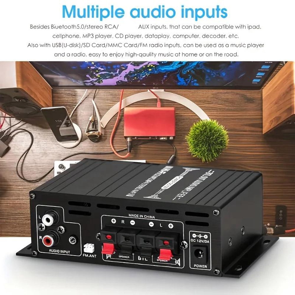 800W 2-Channel Bluetooth Mini HiFi Power Amplifier Stereo Amp for Home and Car Audio, FM Radio Compatible, Compact High-Power Audio Amplifier, Portable Music Player Sound System