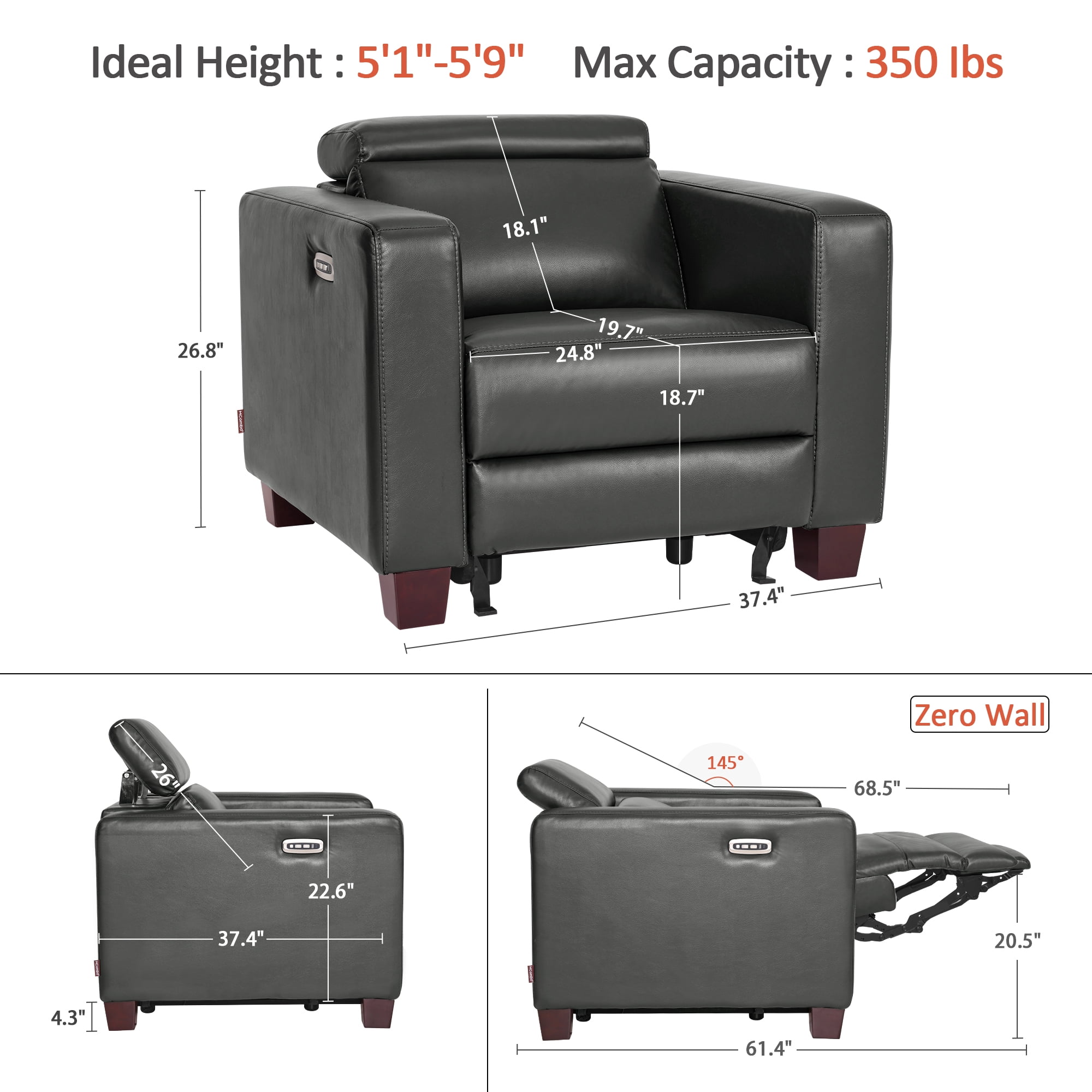 MCombo Wall-Hugger High Leg Power Recliner Chair with Adjustable Headrest and USB&Type C Dual Charge Ports for Living Room, Office, and Small Spaces (Faux Leather, HL128) (Dark Grey)