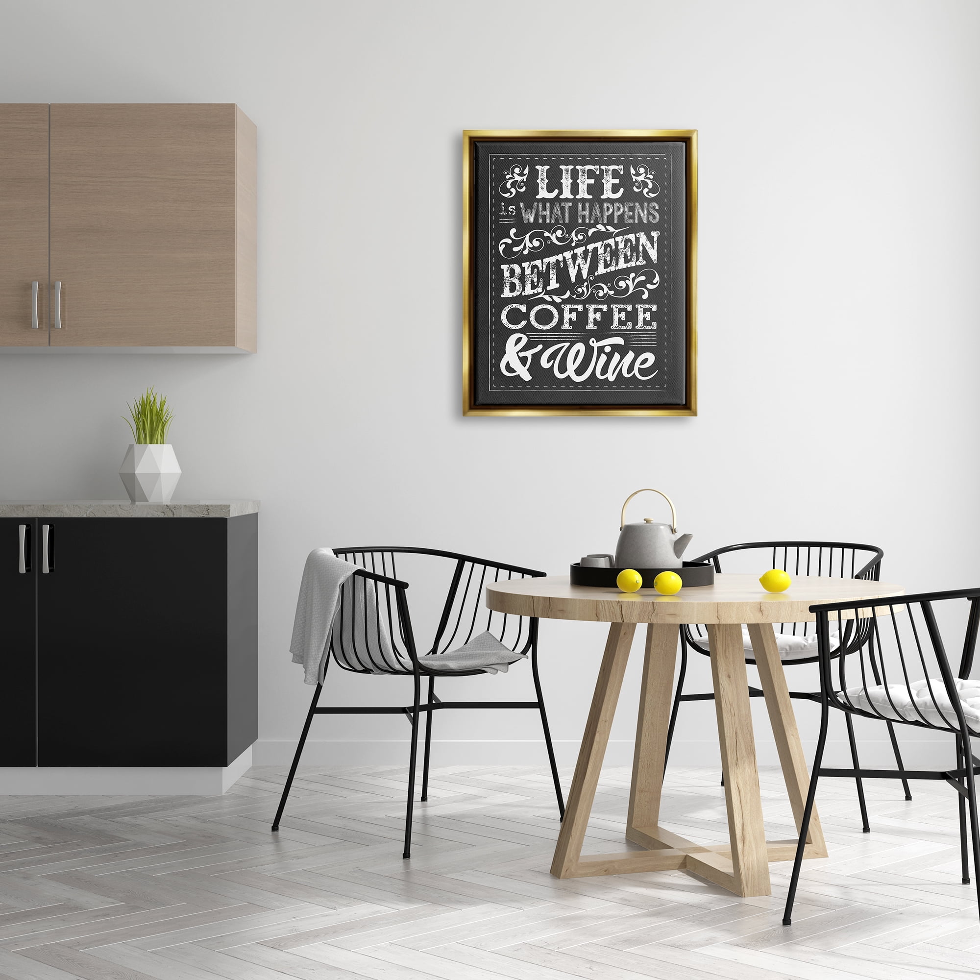 Stupell Industries Life, Between Coffee and Wine Chalk Metallic Gold Framed Floating Canvas Wall Art, 24x30, by Melody Hogan