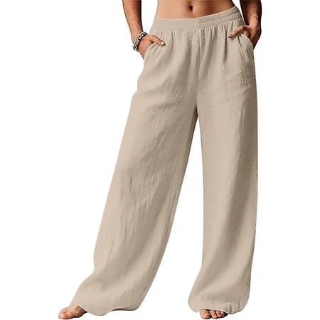 Women s Cotton Linen Pants Solid Color Straight Leg Casual Trousers High Waist Comfortable and Breathable Flowy Pants for Women Loose Fit Everyday Long Pants Beige M