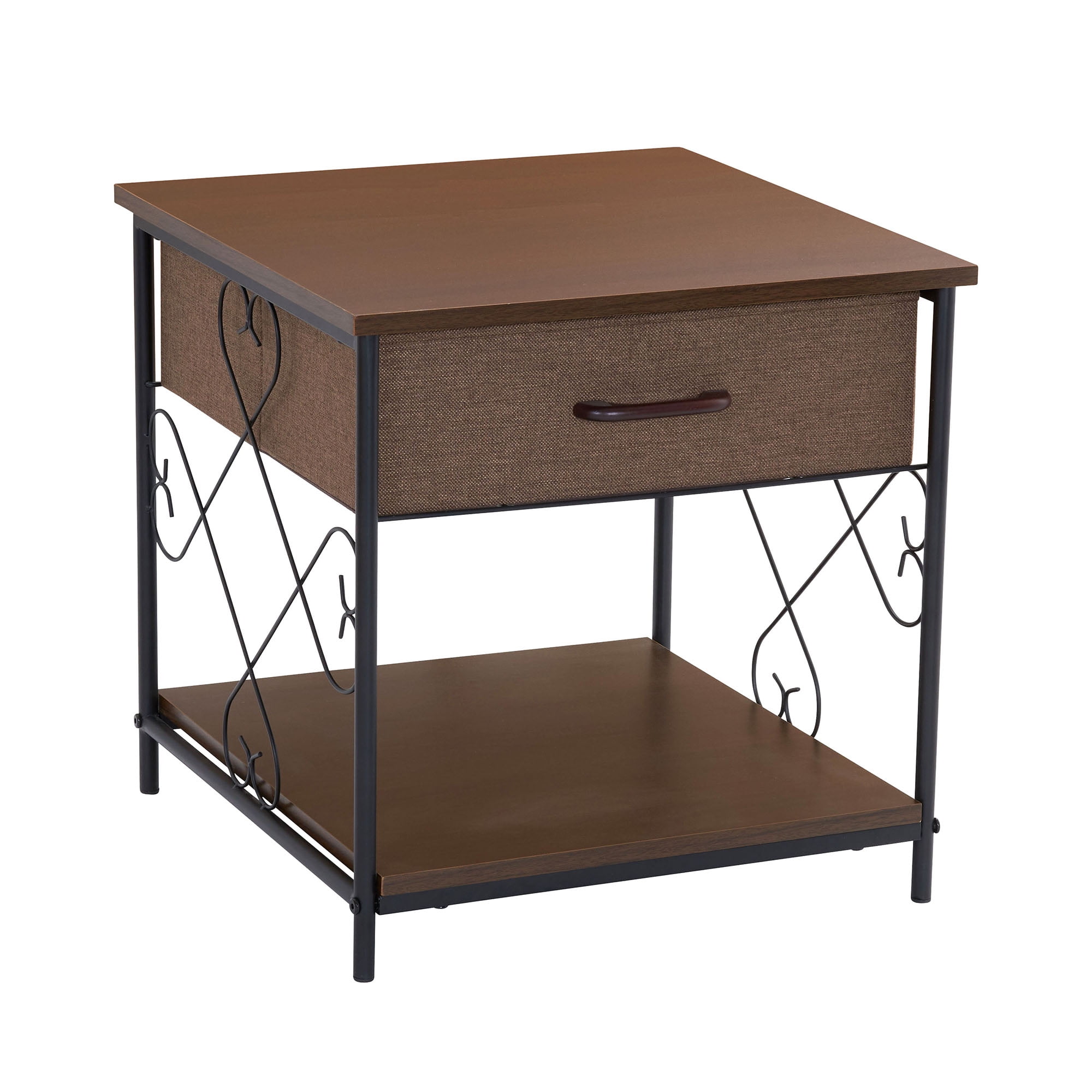 Household Essentials End Table with Drawer in Walnut and Black Metal