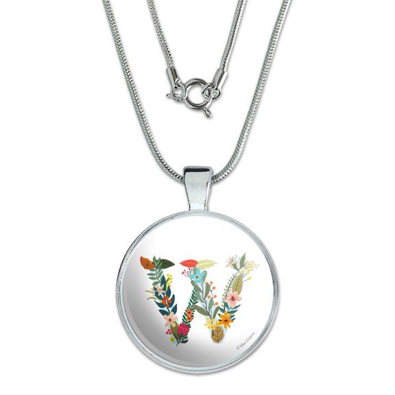 Letter W Floral Monogram Initial 1" Pendant with Sterling Silver Plated Chain