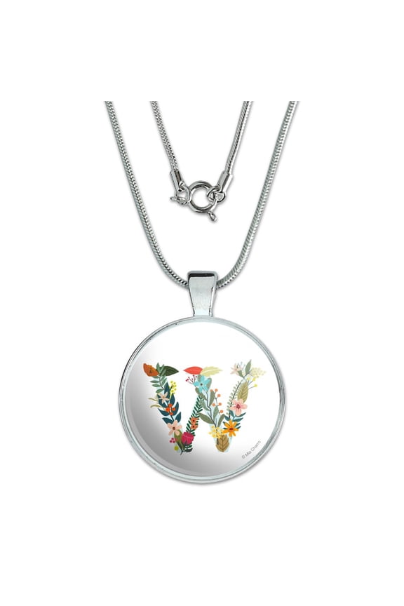 Letter W Floral Monogram Initial 1" Pendant with Sterling Silver Plated Chain