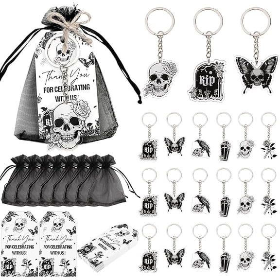 Serencatcher Gothic Theme Party Favors 72pcs Gothic Party Favors Keychains Thank You Tags Organza Bags for Death to My 20s 30s Birthday Gothic Wedding Bridal Shower Bachelorette Party Supplies