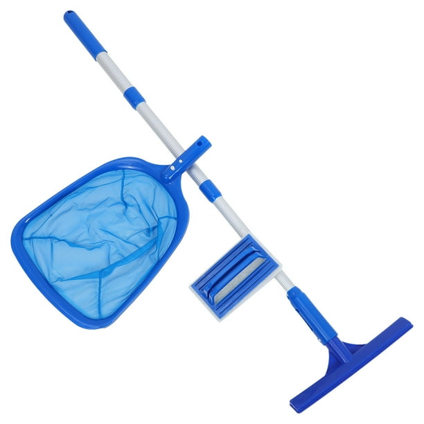 Kit de limpieza de piscinas con cabezal de cepillo limpiador, esponja para piscina, red recogedora de hojas y poste telescópico para limpiar piscinas subterráneas, piscina inflable azul