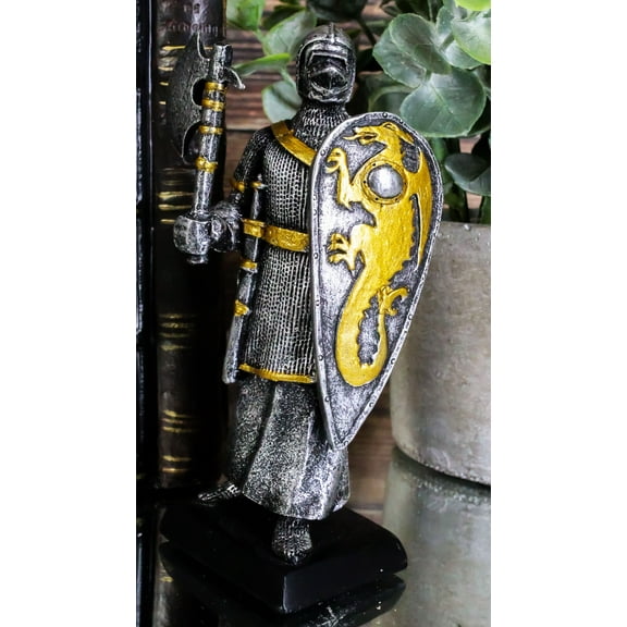 Suit Of Armor Medieval Knight With Axe And Large Dragon Shield Mini Figurine
