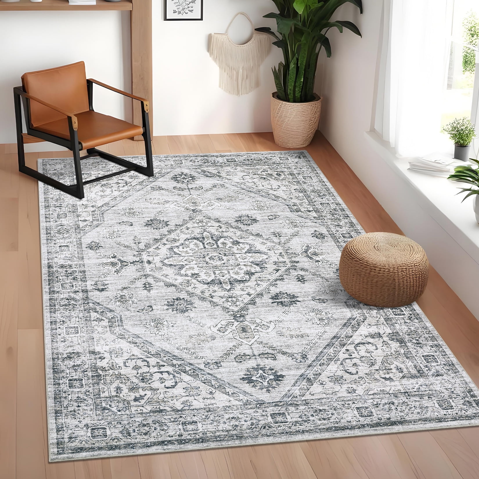 HOMERRY Foldable Area Rug 10' x 13' Washable Indoor Distressed Boho Floral Rug for Living Room, Light Gray