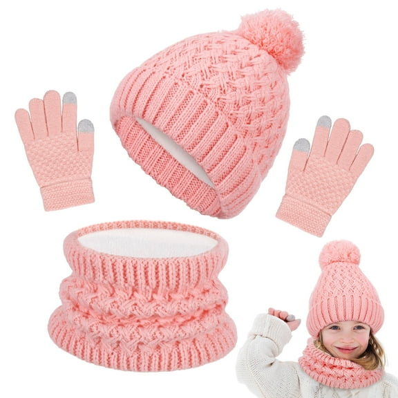 Bocaoying Kids Winter Hat Gloves Scarf Set, Girls Toddler Children Hats Beanie with Pom Knit Neck Warmer Gaiter Mittens Fleece Lined Set, Kids Aged 1-6