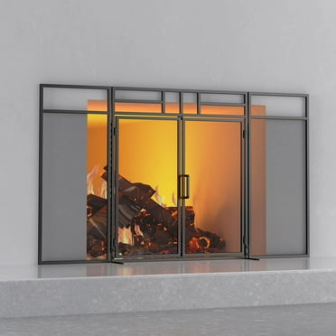 3-Panel Folding Fireplace Screen with Magnetic Hinged Doors, Solid Wrought Iron Panels Fire Spark Guard