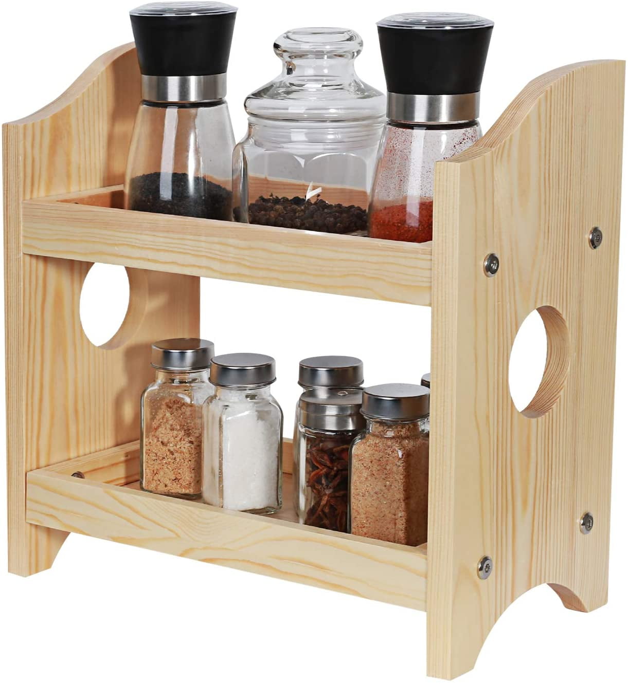 NEX 2 Tier Wood Spice Rack Organizer Countertop - Rustic Style Light Natural Wood (NX-HK130-26)