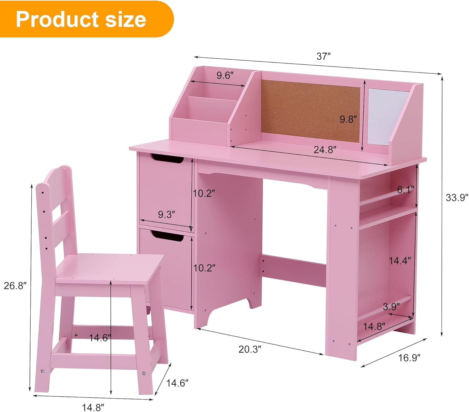 Kids Study Desk and Chair Set,Wooden School Learning Table with Storage,Hutch and Bulletin Board,Children Computer Desk with Chair,Small Toddler Desk for Home,School