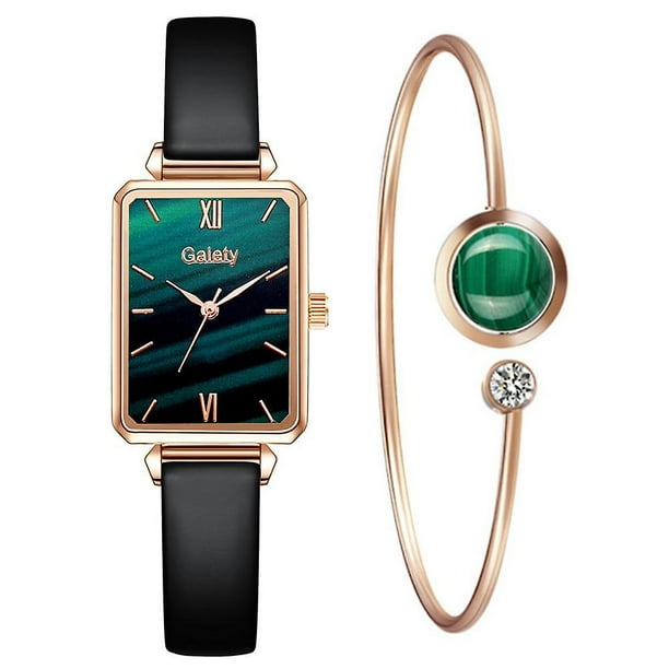 Relojes de mujer, reloj cuadrado de cuarzo a la moda para mujer, conjunto de pulsera, esfera verde, malla de oro rosa Simple, relojes de lujo para mujer