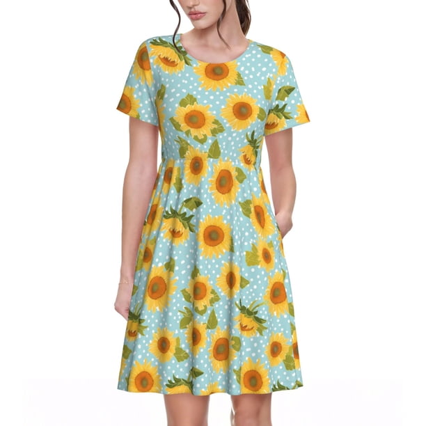 Disketp White Polka Dot Sunflower A para Vestido de Manga Corta para Mujeres, Vestidos de Verano para Mujeres, Casual y Holgado para la Playa