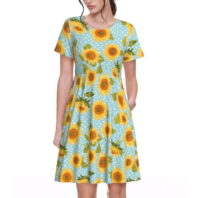 Disketp White Polka Dot Sunflower A para Vestido de Manga Corta para Mujeres, Vestidos de Verano para Mujeres, Casual y Holgado para la Playa