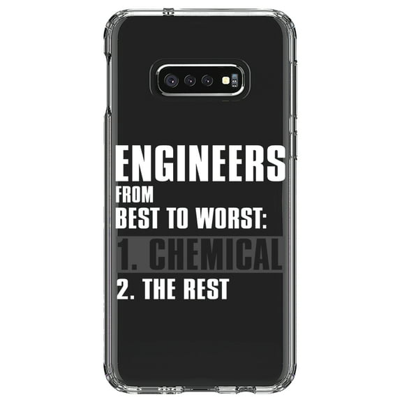 DistinctInk Clear Shockproof Hybrid Case for Samsung Galaxy S10e (5.8" Screen) - TPU Bumper Acrylic Back Tempered Glass Screen Protector - Chemical Engineers are the Best