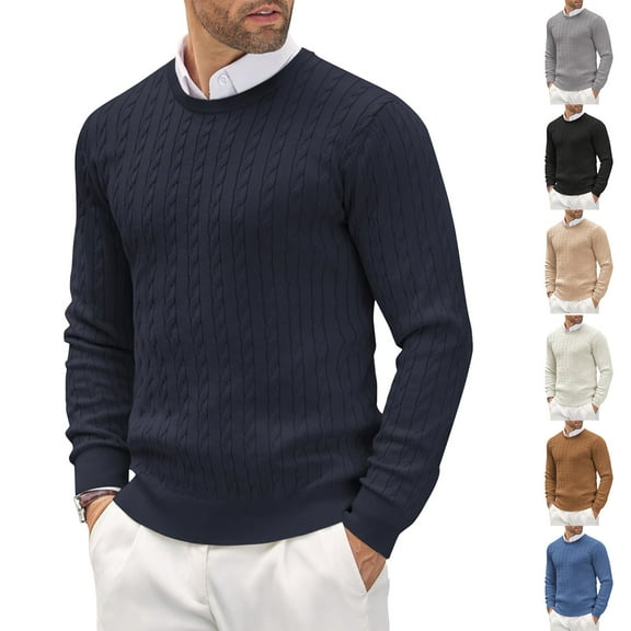 Mens Crew Neck Sweater Polyester Cable Knit Pullover Top Long Sleeve Cable Knit Texture Casual Business Fall Winter Knitwear White M