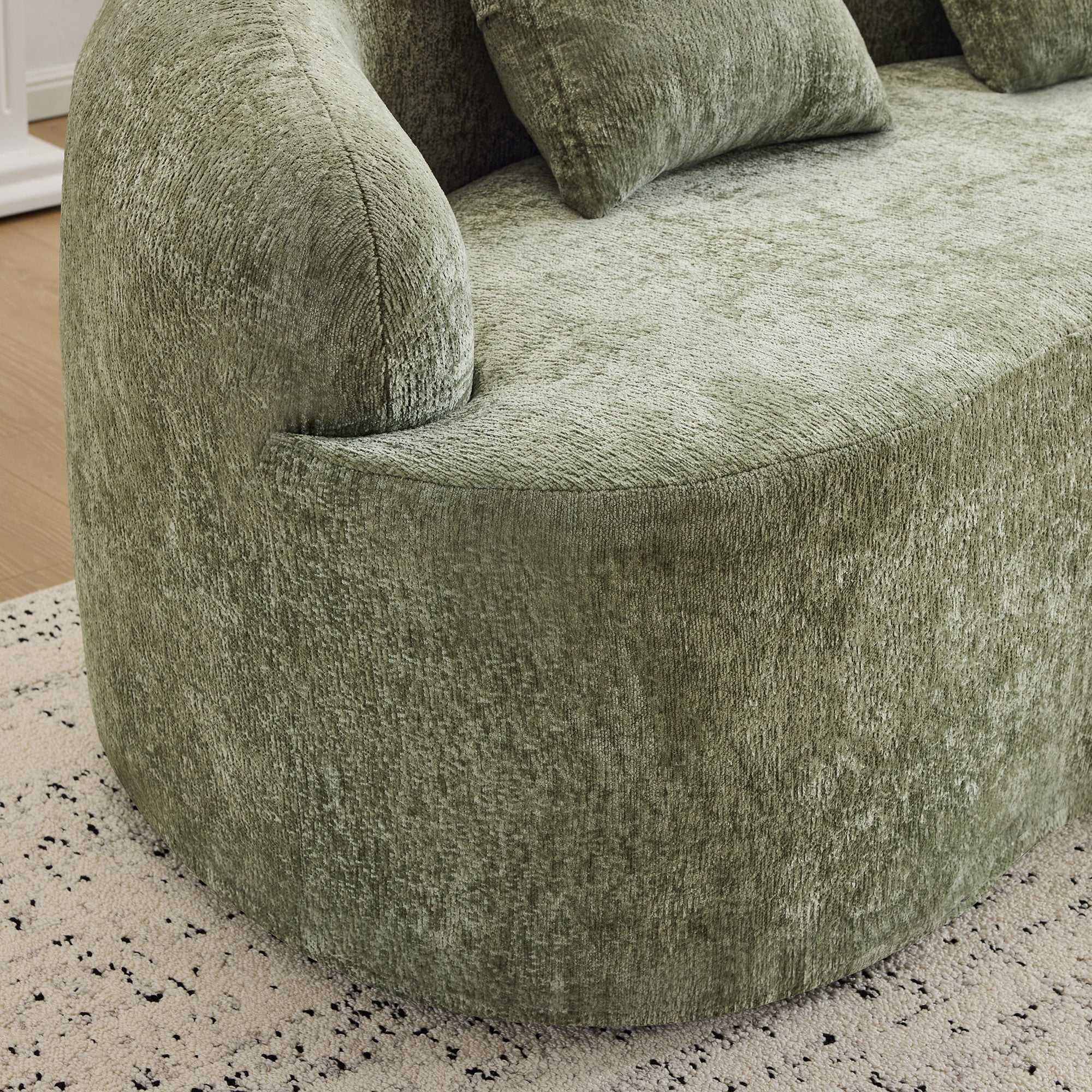 Green Curved Loveseat Sofa with Round Armrest, Teddy Velvet Fabric Compression Couch with 2 Pillows, Cream Couch for Small Space, Living Room, Bedroom, No Assembly